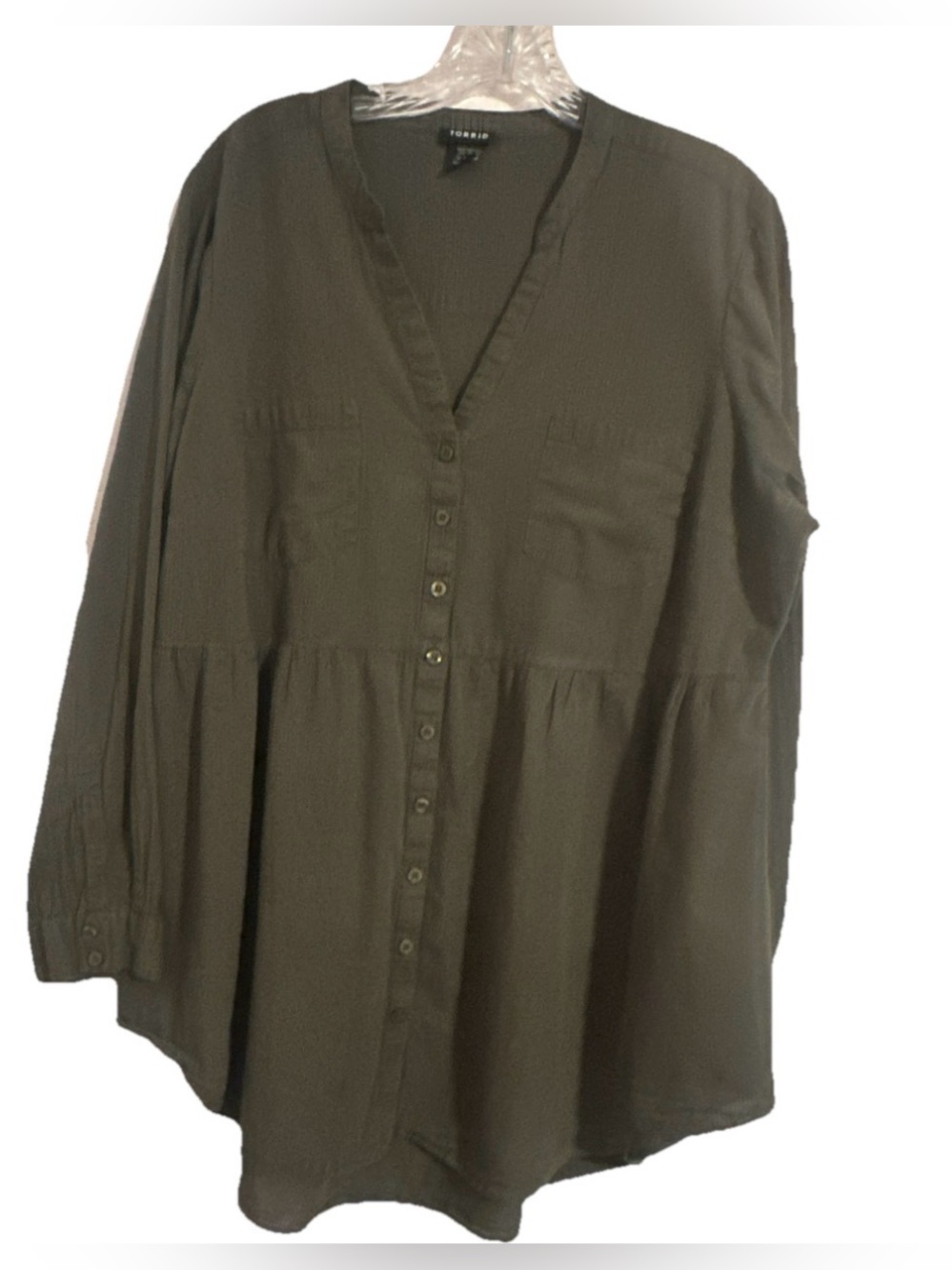 Torrid Olive V-Neck Button-Front Peplum Tunic Size 2